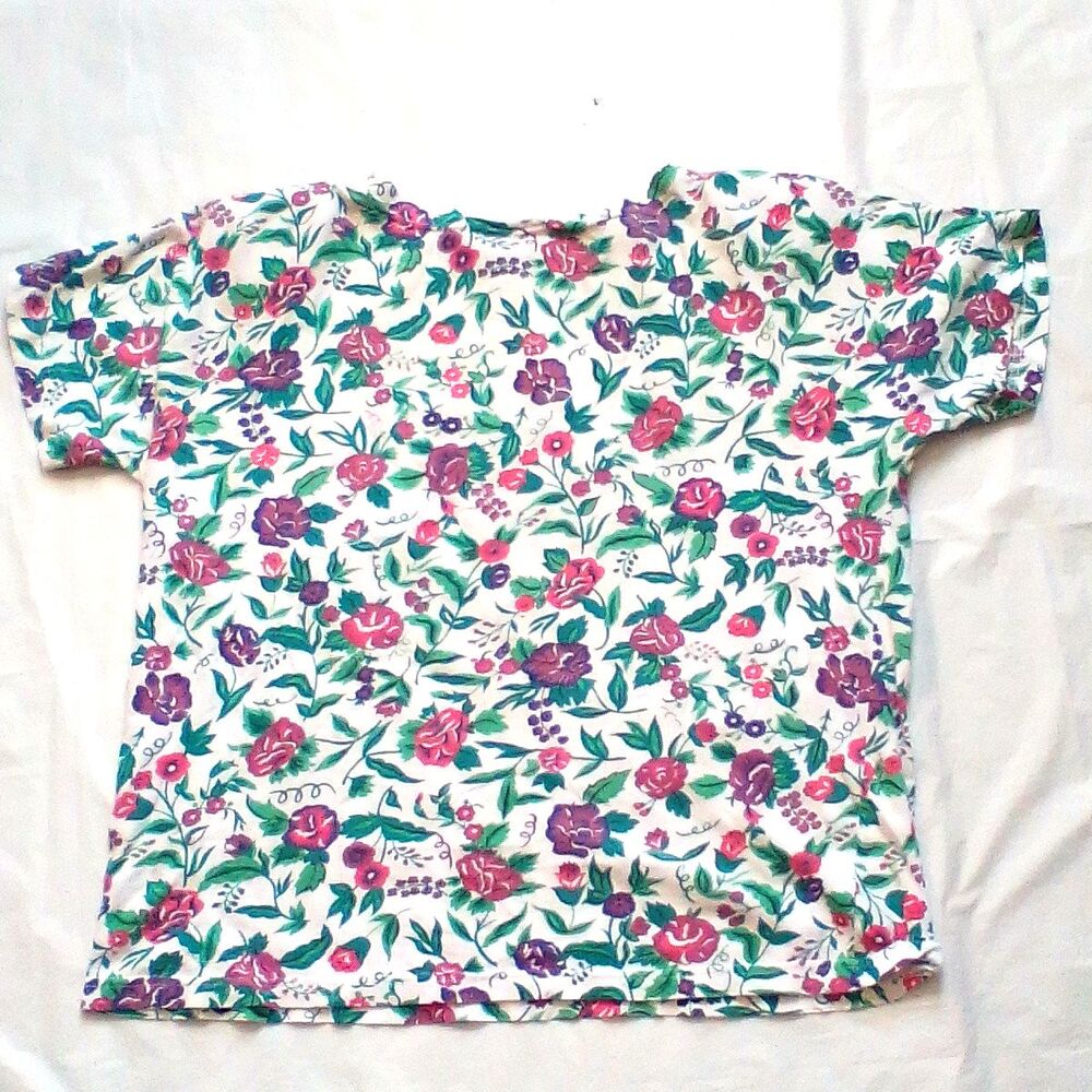 iLIO Women’s Large In Place Floral Print T-Shirt Short Sleeve Shoulder Pads - Picture 6 of 14